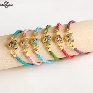 LuneMart Multicolor Braided Leather Bear Charm Bracelet, Gold Plated Crystal Inlaid Bear Pendant Wristband, Adjustable Cute Animal Jewelry Gift for Women Girls