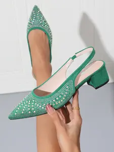 Elegant Comforatable Women's Dress Shoes Slingback Stylish Green Rhinestone Dress Shoes pointed toe Chunky Heels Comfy low block heel casual every heels for business parties office work date casual weddings holidays prom
