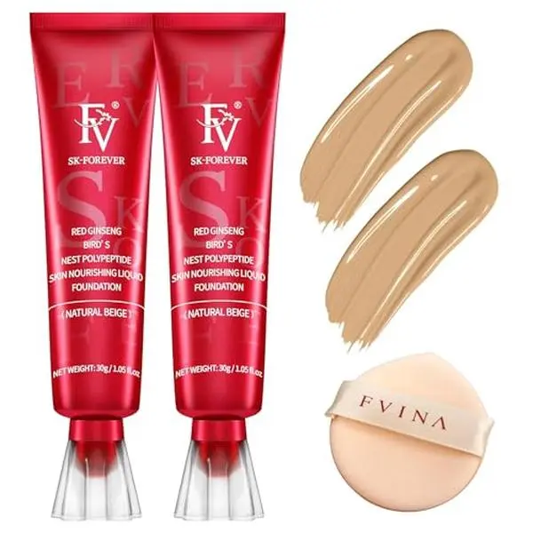 FV 2 Pack Waterproof Foundation, Lightweight & Medium Coverage Foundation with Matte Finish, Oil Control Long Lasting Liquid Foundation Makeup for Oily Normal Skin (Natural Beige, 1.05 fl.oz)