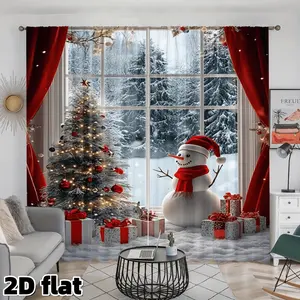 2D Flat 2Pcs Christmas Snowman Window Scene Curtains, Home Decoration Curtain, Red Holiday Theme, Festive Tree Print, Semi Sunshade Polyester, Rod Pocket Design, Perfect for Living Room Bedroom Kitchen Study Home Decor, Winter Gift, Privacy Protection
