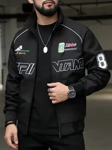 Men’s racing jacket with vintage letter embroidery, stand collar, windproof design, street-style zip motorcycle jacket