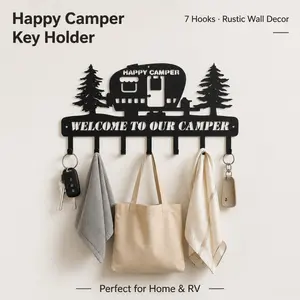 Happy Camper Key Holder for Wall, 7-Hook Black Metal Camper Decor, Rustic RV Welcome Sign for Entryway & Bathroom