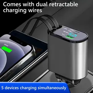 Retractable Car Charger Angle Adjustment,1 USB Ports, 2 Type C, 2 Retractable Type C Cable, 5 in 1 USB C Charger, Real Time Voltage Detection for iPhone Huawei Xiaomi Samsung, Retractable Automotive Charger
