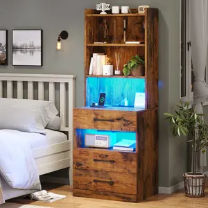 Modern LED Tall Nightstand with Bookshelf, Brown Bedroom Furniture Bedside Table, Modern Nightstand