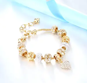 Heart Charm Bracelet, Golden Plated with Rhinestone Beads Adjustable Bracelet, Perfect Gift for Special Occasions Women's, Light weight Jewelry
