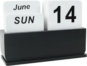 Wooden Block Perpetual Calendar for Desk, Daily Desktop Standing Flip Calendar with Large Display, Modern Farmhouse Aesthetic Desk Accessories for Home Office Decor, Reusable Yearly, Black DEERINE