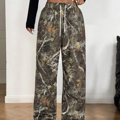 Women's Camo Print Tie Waist Adjustable Drawstring Loose Knit Sweatpants, Casual Fashion Pants, Casual Comfy Jogger Pants for Daily Wear, Ladies Bottoms for All Seasons