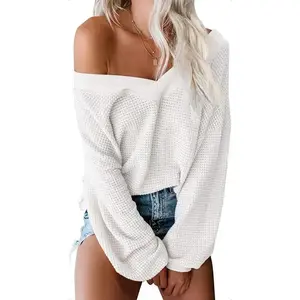 Womens Oversized Off The Shoulder Tops Long Sleeve Waffle Knit Shirt Drop Shoulder Sweater Top