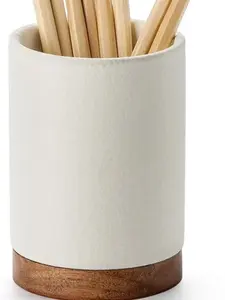 Pen Holder for Desk, Ceramic Pencil Organizer & Makeup Brush Holder, Office Decor and Desk Accessories，Perfect Office Organization,Teacher Supplies (White, Set / 1)
