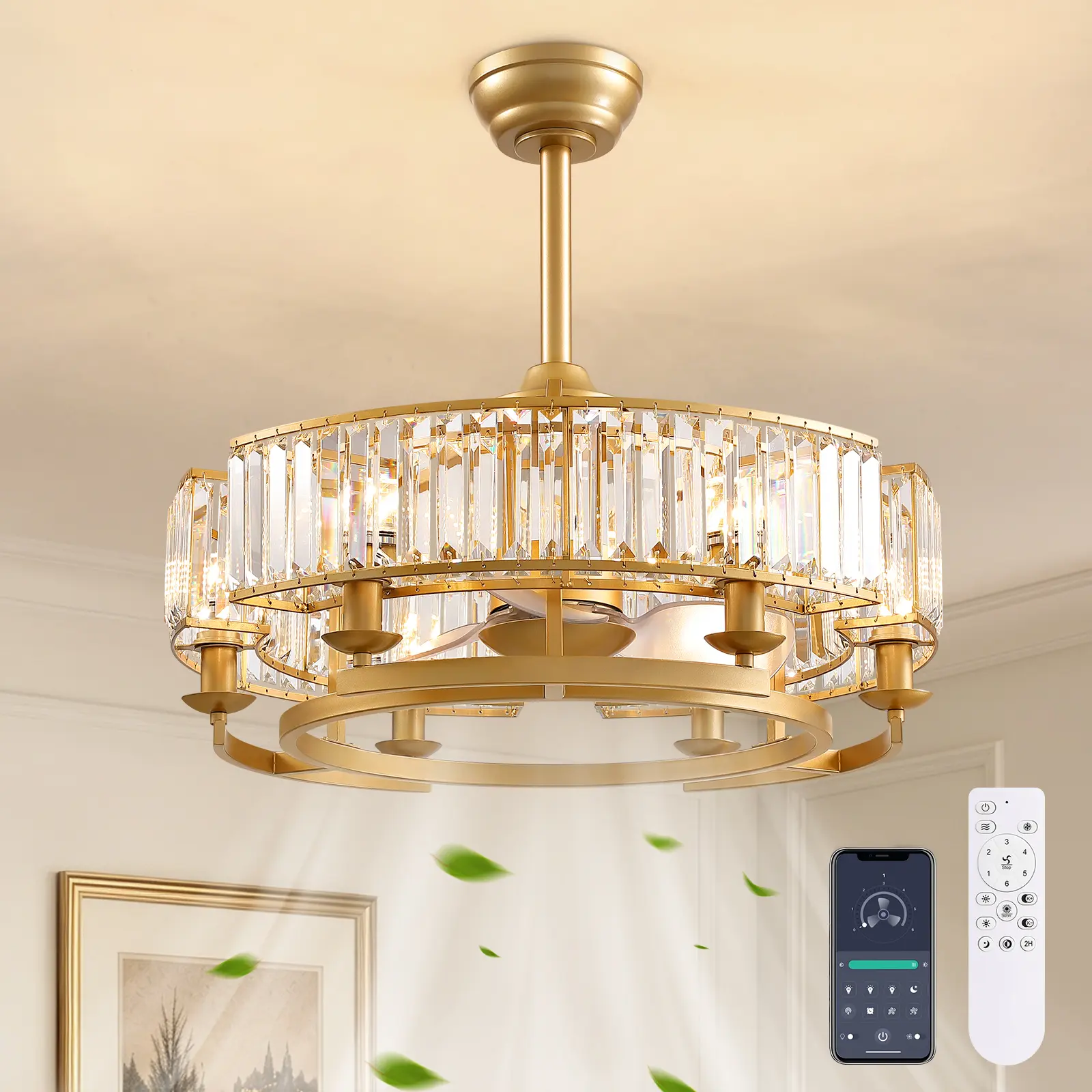 25" Crystal Ceiling Fan with Light, Gold/Black Crystal Caged Fandelier | Crystal Fandelier with Remote and APP Control 6 Speeds Round Modern Chandelier Fan for Dining Room Living Room Kitchen Island