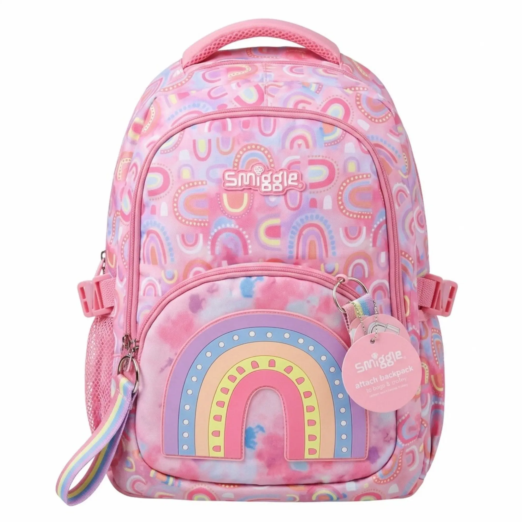 Smiggle Pink Rainbow School Backpack Rainbow Badge Tie Dye Bookbag Large Bag for Girls