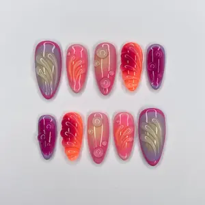 Freestyle Aura 3D Gel Medium Almomd Press On Nails, 3D Gel Nails Holiday, Vacation, Event, Gift For Her, Custom Nail Art