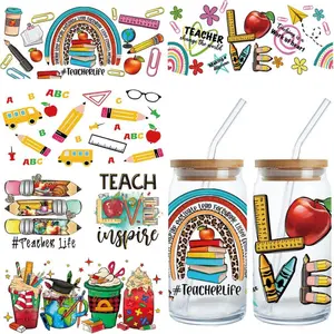 5 Sheets Teacher UV DTF Cup Wraps for 16oz Glass Cup Waterproof Teacher Day Uvdtf Wraps Transfer Stickers Colored Pencil Apple Ruler Pattern Back to School Water Bottle Decals Appreciation Gifts Customizable Stickers