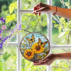 Sunflowers and Butterflies Stained Glass Suncatcher, Floral Window Decor, Handmade Nature Art, Gift for Garden Lovers, Bright Accent