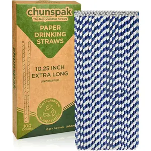 10 Inch Long Disposable Paper Drinking Straws Navy Blue Striped 100 Counts 100% Biodegradable