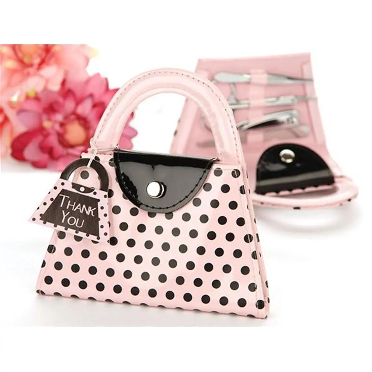 212 MAIN Pink Polka Dots Purse-Shape 4-Piece Nail Clipper Set, Stainless Steel Manicure Tools Including Nail File, Festive Party Gift for Home & Party Supplies