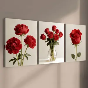 3-Piece Wooden Frame Canvas Art Set, Peony Floral Theme Rose Print Poster, Modern Decorative Home Decor, Waterproof Wall Art for Living Room & Bedroom