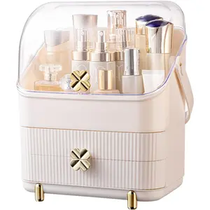 Preppy Skincare Organizers Makeup Organizer Holder Cosmetic Box Display Case 3 Dust Free Cover Handle 2 Rroomy Drawers Gift Great For Countertop Dresser Ivory White