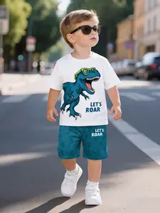 Cute Set Blue Color Block Dinosaur Print Short Sleeve Shorts, Essential for Dinosaur Lovers, Fun and Comfortable