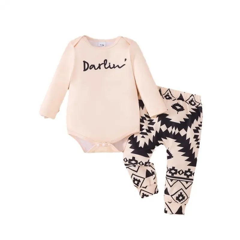 Boys' Long-Sleeve Letter Print Romper & Triangle Climbing Suit Set, Spring & Autumn Clothing for Infants and Toddlers