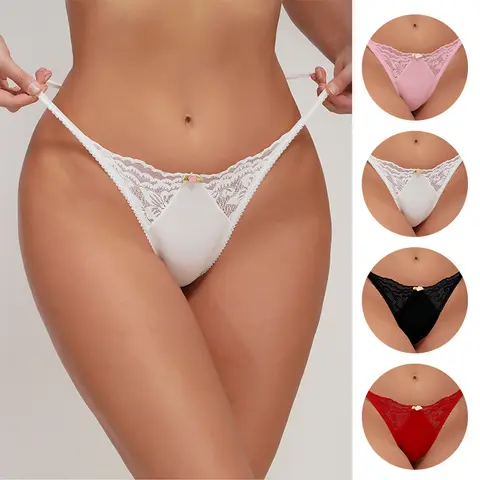 Women's 4-Pack Nylon Blend Knitting Thongs - Low-Rise Plain Bikini Panties, Rose-Decorated Lace Splicing with Bow, Breathable Skin-Friendly Underwear for Women, New Year Breathable Wear