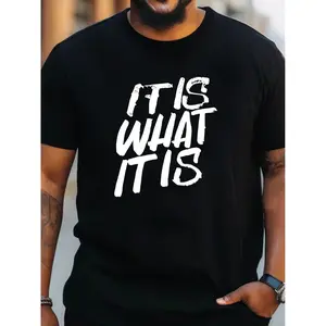 Plus Size, 'IF IS WHAT IT IS' Print Casual T-Shirt For Men, Breathable Short Sleeve Loose Sports Tee Big & Tall Summer Clothing, 1 Pc, 100% Cotton T-Shirt