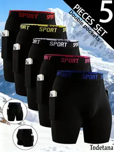 5 Packs Men's Solid Color/Letter Tape Stretchy BoxerBriefs,Casual Comfy Slim Fit Breathable Moisture Absorption Opening Crotch Underwear for DailyWear,Mens Underwear for All Seasons, Undergarments,Athleisure Menswear, Underwear Boxer Briefs