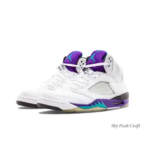 White Leather Upper High-Top Retro Basketball Shoes with Grape Purple and Teal Accents