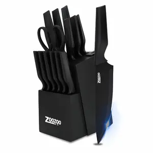 Knife Set, HUNTER.DUAL 15 Pcs Kitchen Knife Set with Block Self Sharpening, Dishwasher Safe, Anti-slip Handle, Black Steel Wood Wooden Sharpener Steak Cutting