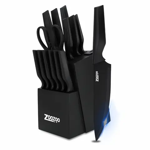 HUNTER.DUAL 15-Piece High Carbon Steel Stainless High Carbon SS Kitchen Set - 6 Steak Knives, Self-Sharpening Wood Block, Sharpener, Ergonomic Antislip Grip Handle, Dishwasher Safe, Rust-Resistant, Long-Lasting Sharpness, Camp Kitchen Use, Black