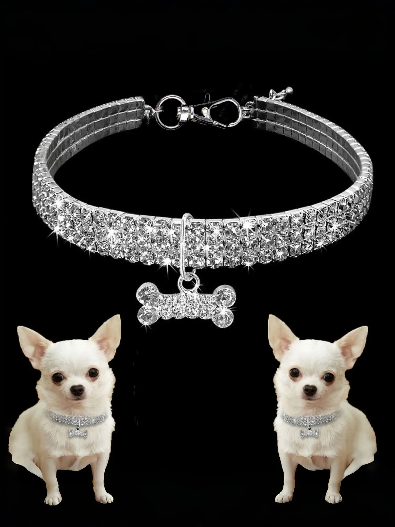 3-Row Rhinestone Elastic Pet Collar, Dog Cat Crystal Necklace, Simple Pet Decoration, Customizable Pet Neckband, Stylish Animal Accessory, Chihuahua Accessories