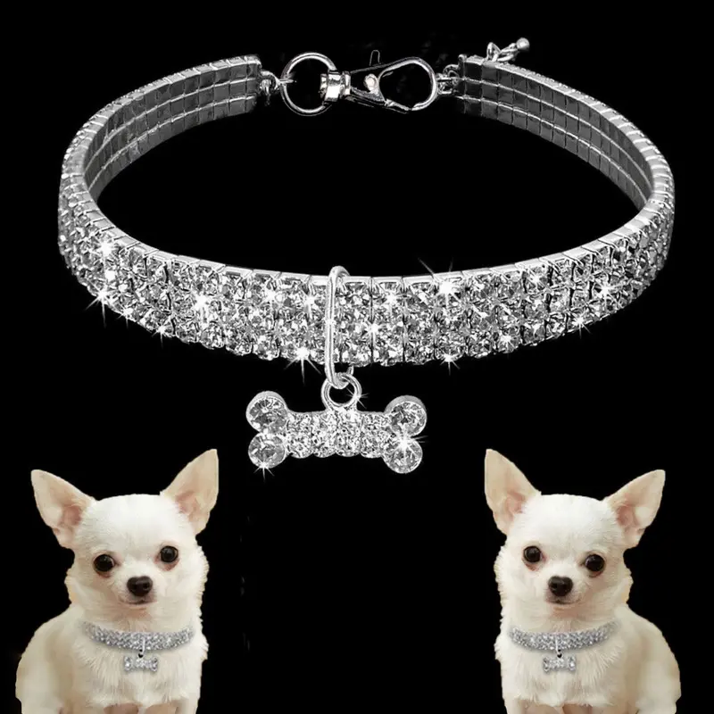 3-Row Rhinestone Elastic Pet Collar, Dog Cat Crystal Necklace, Simple Pet Decoration, Customizable Pet Neckband, Stylish Animal Accessory, Chihuahua Accessories