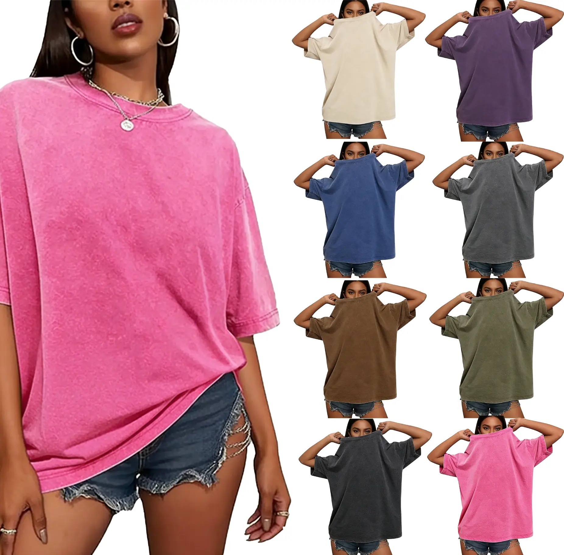 Holafish Unisex Acid-Washed T-Shirt, Plain Casual Cotton Tee, Loose-Fitting Crew Neck Streetwear Top