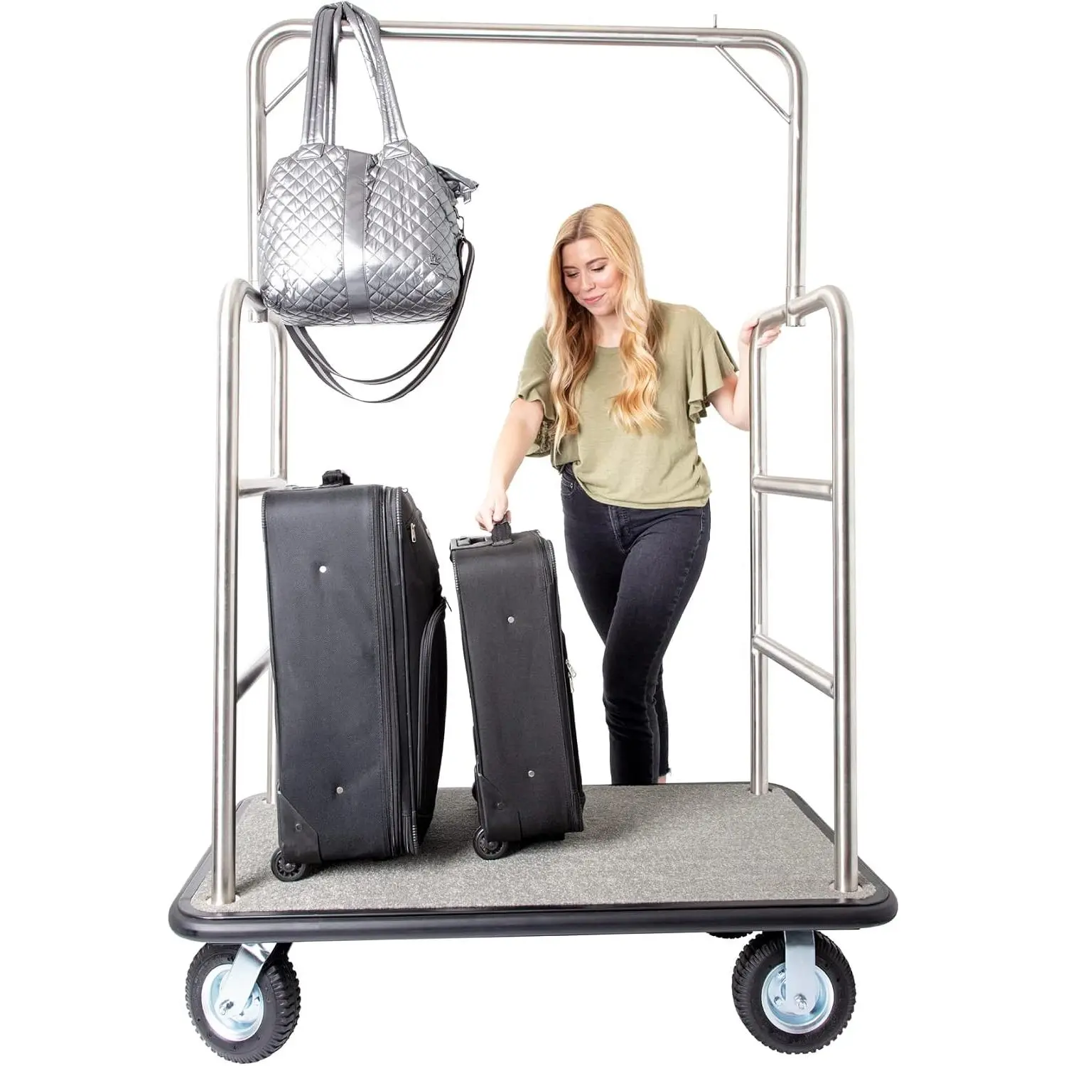 Stainless Steel Luggage Cart, Heavy Duty Steel Frame, 1200lb, Grey | Heavy-duty luggage cart with 1.5” welded steel frame, grey carpeted deck, & rubber wheels for hotels, travel, & outdoor use
