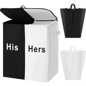 154L Large Laundry Hamper with Lid and Removable Bags Laundry Basket 2 Section Collapsible Dirty Clothes Hamper for Bedroom for Husband&Wife Parents or Couple(His Hers)
