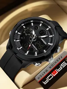 Men's Multifunctional Quartz Watch, Band, Round Analog-Digital Dial, Waterproof Military LED Digital Clock, Outdoor Luminous Alarm, Sporty Waterproof Watch