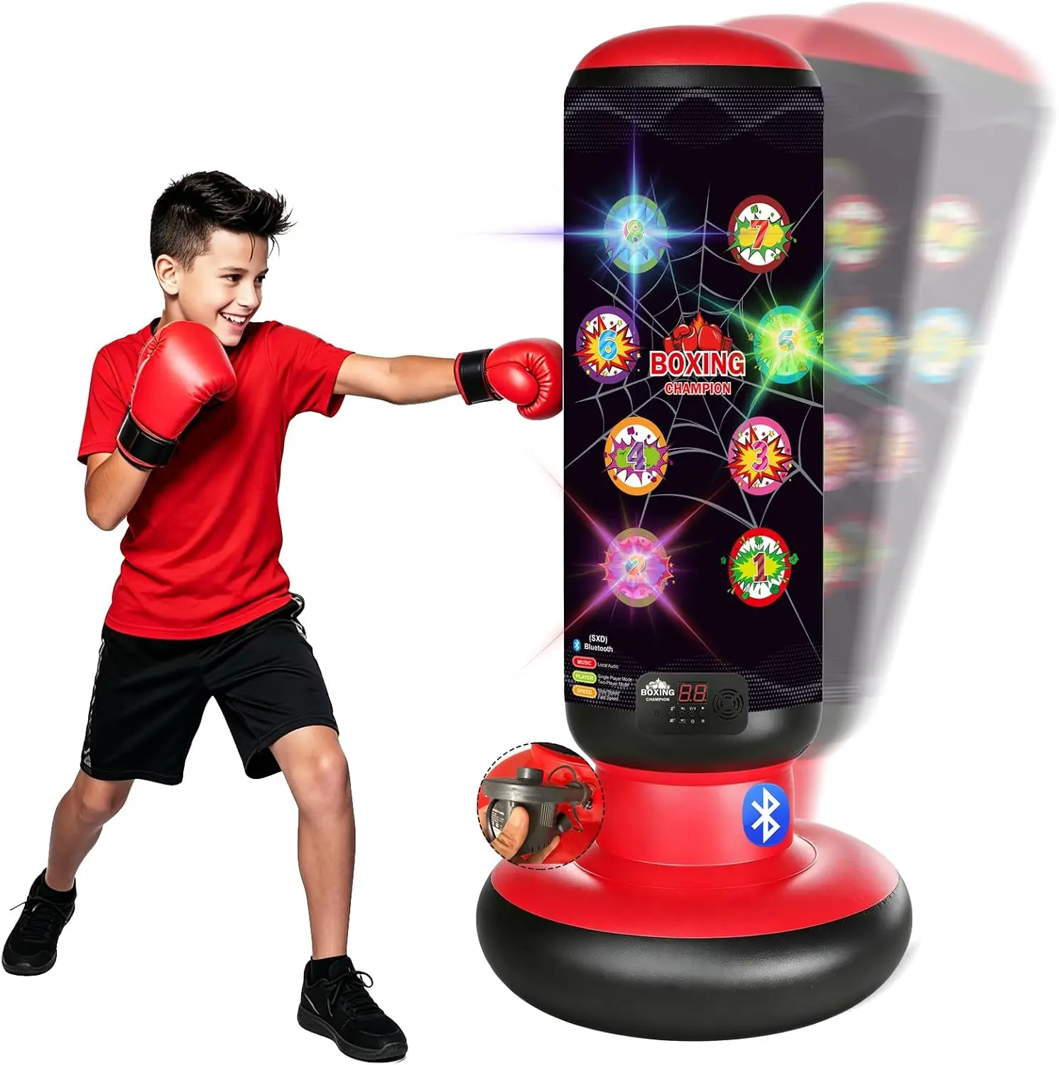 63-Inch Stable Freestanding Inflatable Kids Martial Arts Punching Bag - Fast Electric Pump, Scoring System, Bluetooth Music, LED Lights, Gloves, Unisex Easter/Birthday Gift for Ages 4-12 Girls & Boys