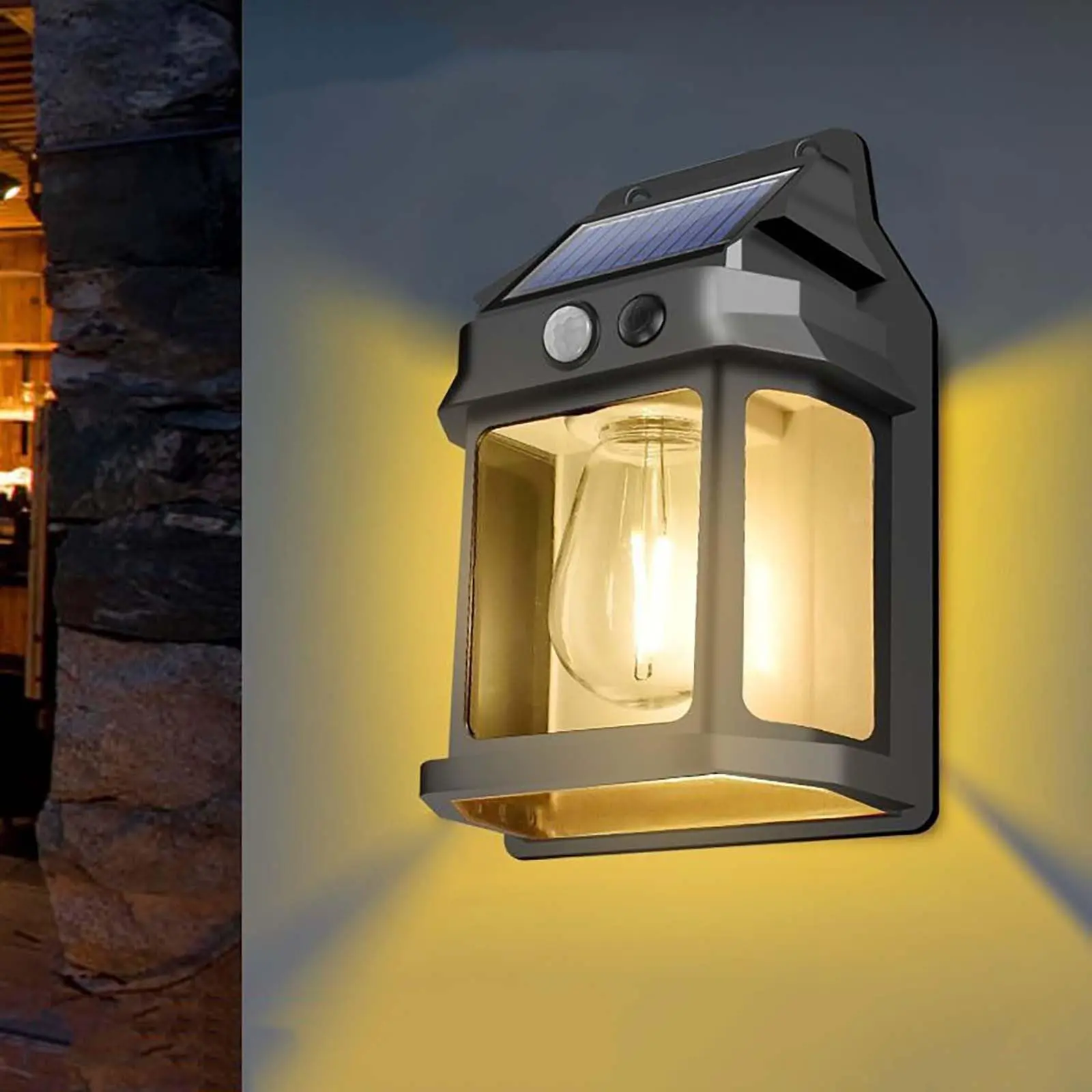Surakey Black Outdoor Solar Wall Lantern, Wireless Dusk-to-Dawn LED Sconce with Motion Sensor, IP65 Waterproof Vintage Security Light, Wall-Mount for Garden Front Porch