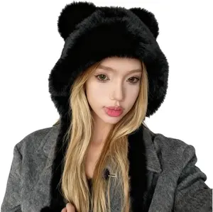 Winter Cute Plush Bear Ear Hat Women Warm Faux Fur Beanie Trapper Hat with Strap Ear Flap Windproof Thick Fuzzy Cap Costume