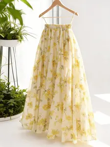 High Waist A-line Flared Maxi Skirt, Fresh Floral Print with Mesh Splicing Design, French Pastoral & Forest Gentle Style, Suitable for Beach Vacation, Picnic & Camping, Afternoon Tea Dates and Daily Streetwear