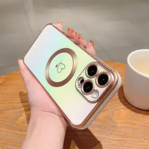 Silk Color Magnetic Dual Heart Design Phone Case for iPhone 17/16/15/14/13, Luxury Gold Plated, Shockproof Camera Protection, Fashion Accessory
