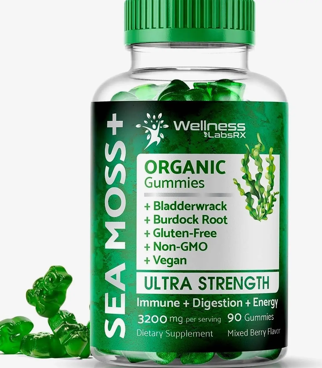 WELLNESS LABSRX Sea Moss Gummies, 3200mg Irish Sea Moss Mixed Berry Flavor with Maximum Potency Bladderwrack and Burdock Root - Supports Skin, Energy and Immunity - 90 Count