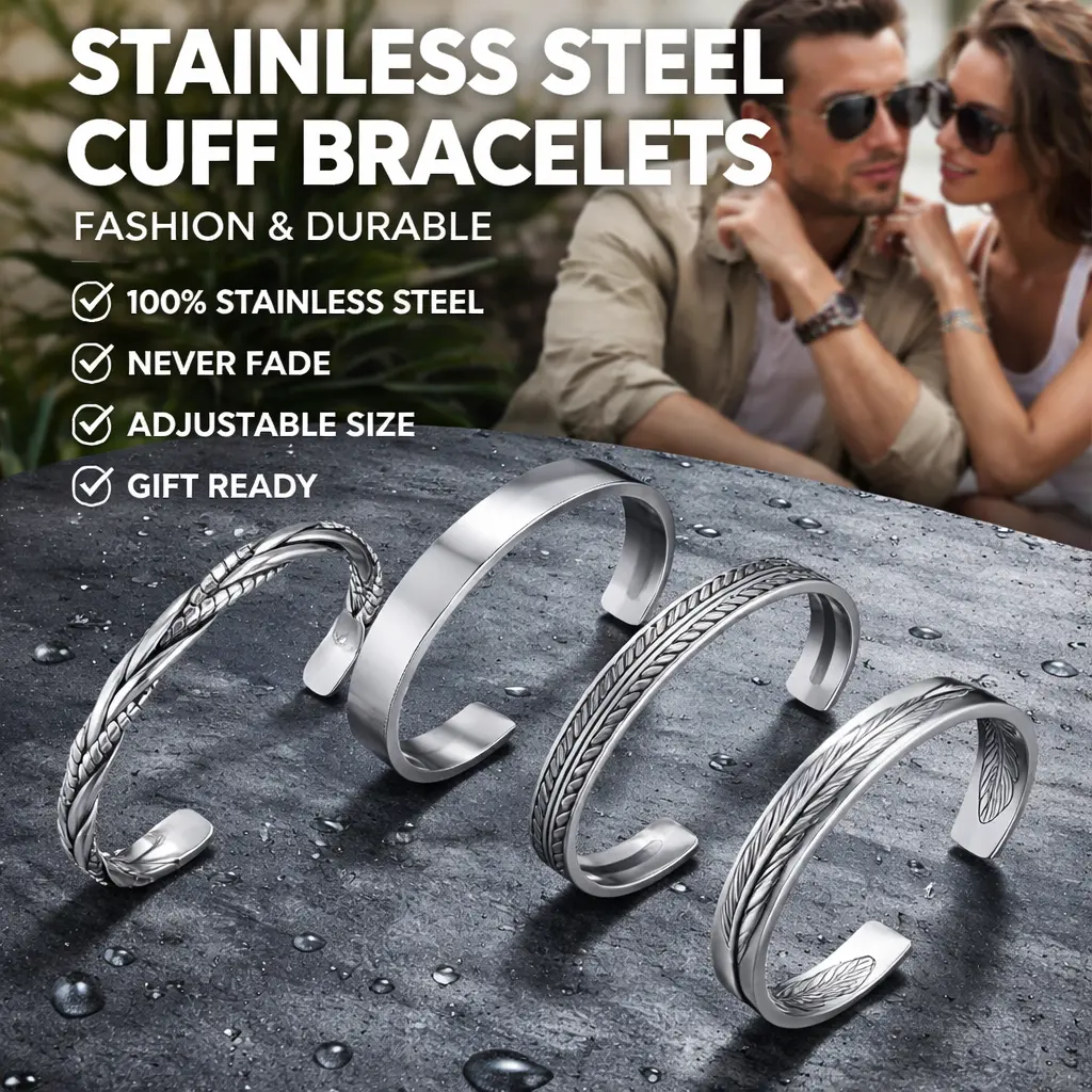 4-Pack Men's Stainless Steel Cuff Bracelets – Vintage Leaf Pattern & Twisted Open Cuff Bangle Set, Hypoallergenic Jewelry for Daily Wear or Gifting