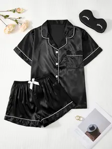 2025 Spring/Summer New Arrival! Women's Black Short-Sleeve Pajama Two-Piece Set with Eye Mask, Cardigan Top with Pockets, Bow-Decorated Stretchy Comfy Shorts, Perfect for Home Casual Loungewear