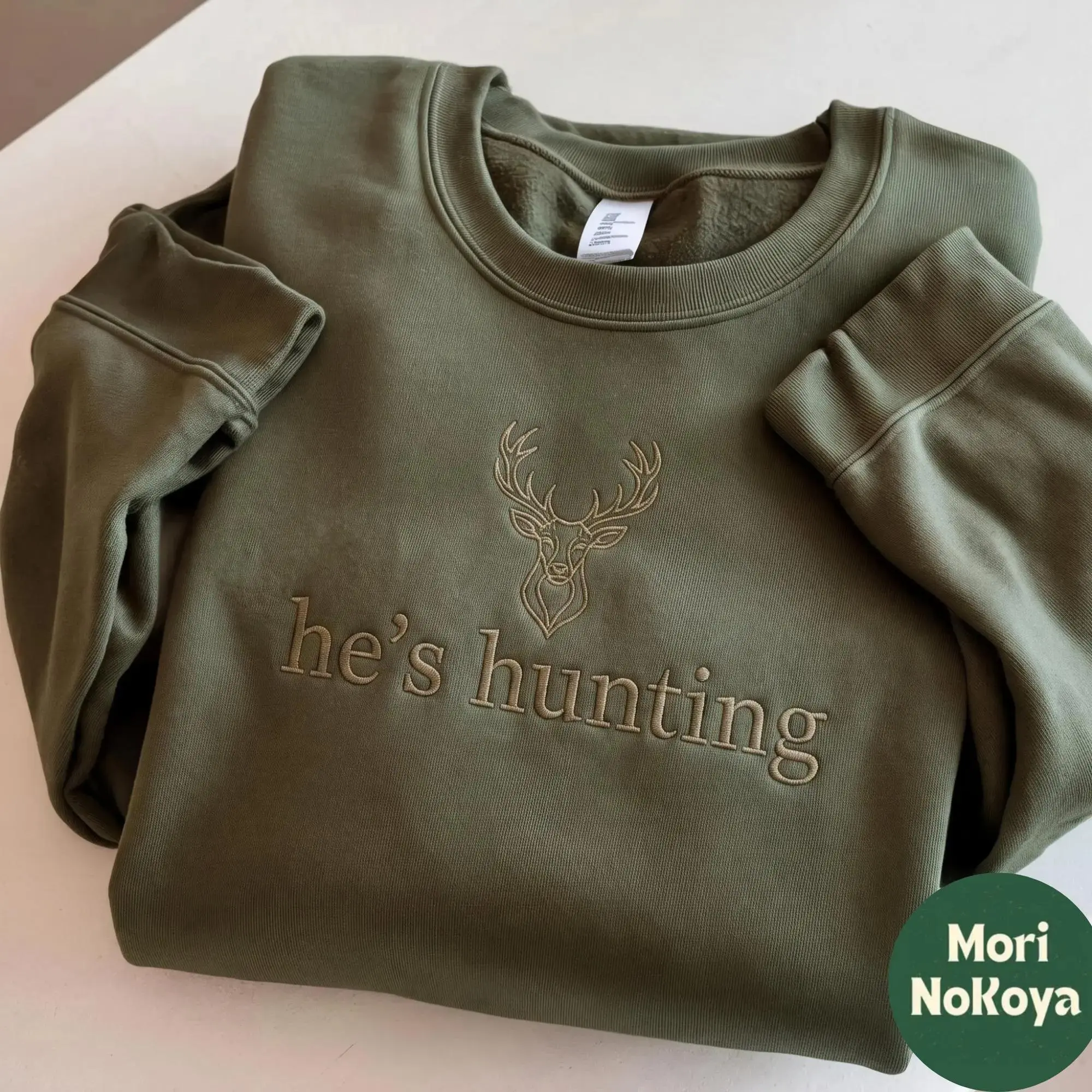 Embroidered He'S Hunting Sweatshirt, Deer Graphic Crewneck, Outdoors Apparel