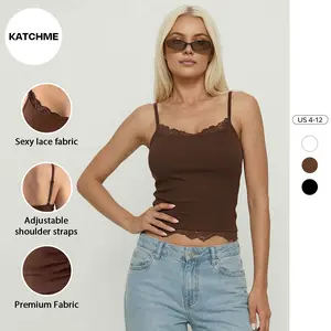 Katch Me Women's Basic Solid Color Lace Trim Adjustable Thin Strap Camisole, Soft Seamless Sweat-Wicking Flattering Fit Top, Casual Skin-Friendly Womenswear