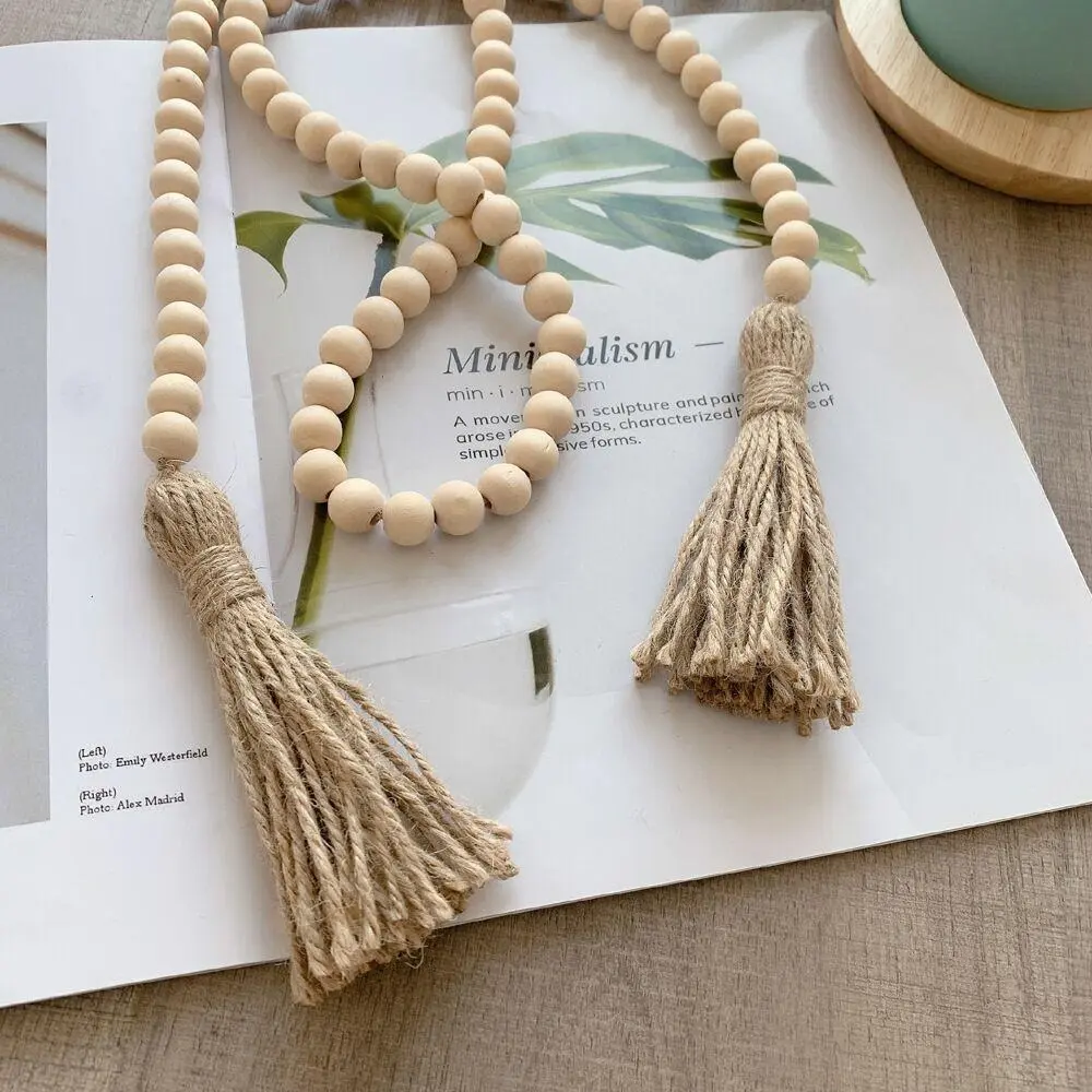 Long Wood Bead Garland with Tassels, Farmhouse Fall Beads, 58 Inch Bead Garland,  Home Decor Ornament, Macrame Decor