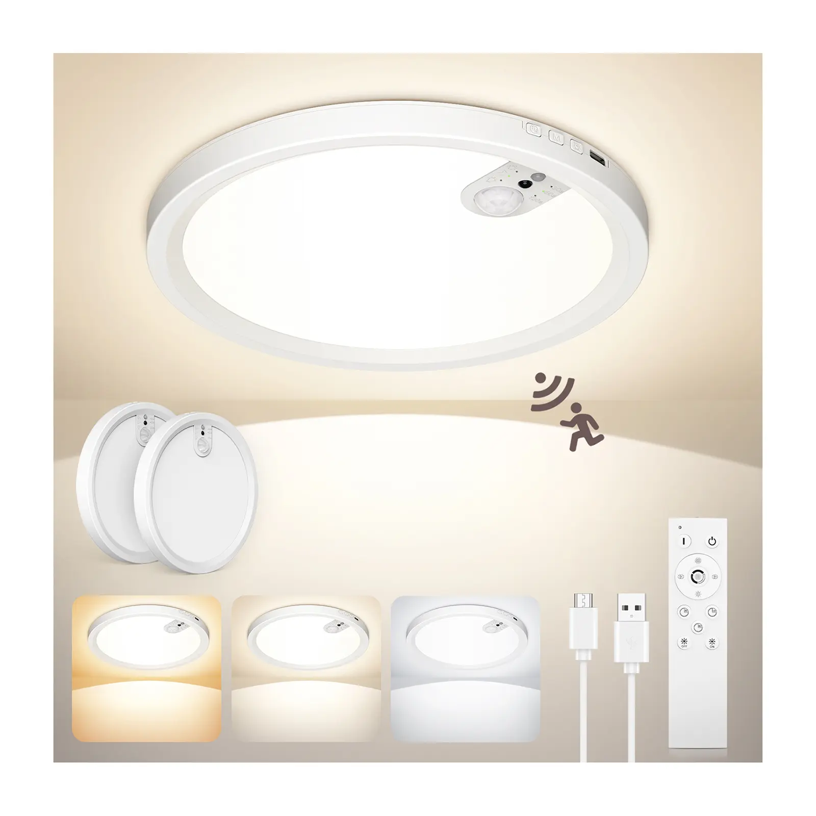 Rechargeable Ceiling Light Fitting with Motion Detector, Long Battery Life Detector Light 3000 K/4000 K/6500 K, wireless light for Corridors, Stairs, Porch, Garage, Balcony