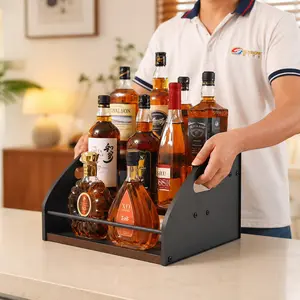 Rustic Wooden Countertop Organizer Rack for Liquor Bottles, Coffee Syrup, Whiskey & Wine - Stylish Industrial Wood-Metal Display Shelf for Kitchen Coffee Bar