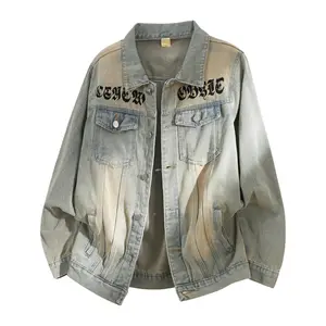 Denim Jacket Men's Light Wash New Style: Black Letters Embroidered Retro Distressed Oversized Coat Casual
